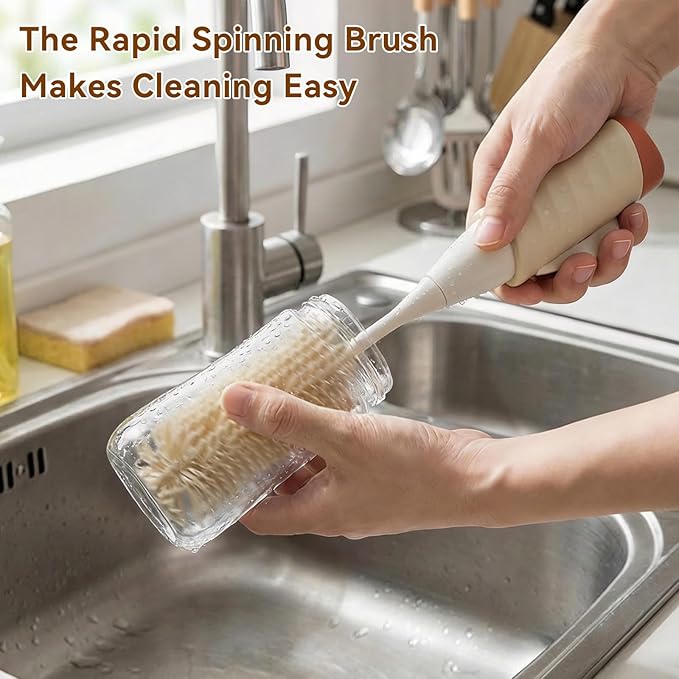 Baby Bottle Brush Set, Innovative Efficient Press-to-Spin Brush Cleaner - Includes Silicone Bottle Brush, Nipple Brush, Straw Cleaner - Spinning Generates Rich Foam for Deep Cleaning, Red