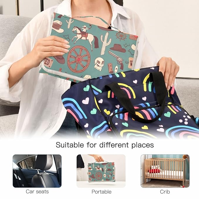 Caikeny Cowboy Teal Blue Baby Portable Changing Pads Wild West Toddler Changing Mat Station Pad Reusable Diaper for Infants Baby Newborn Girls Boys