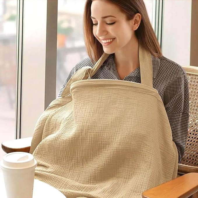 Cinaci 2 Pack Pure Cotton Muslin Lightweight Breathable Breastfeeding Nursing Cover Blankets with Adjustable Metal Clasp (Camel+Khaki)