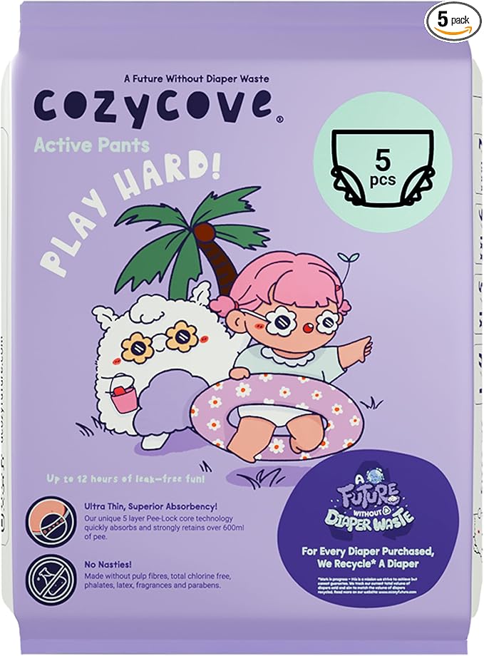Cozycove Size 5 XL (20-31 lbs) Pull Up Training Pants | Totally Chlorine Free, Fragrance Free | Wetness Indicator | Play Hard Slim Active Pants | 5 Count Travel