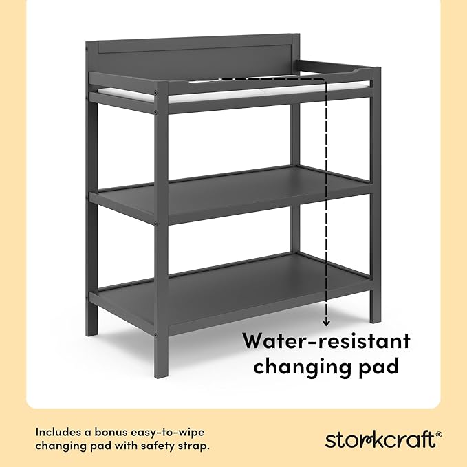 Storkcraft Alpine Changing Table (Gray) – GREENGUARD Gold Certified Nursery Changing Table, Includes Water-Resistant Changing Pad, 2 Shelves for Nursery Storage and Organizing