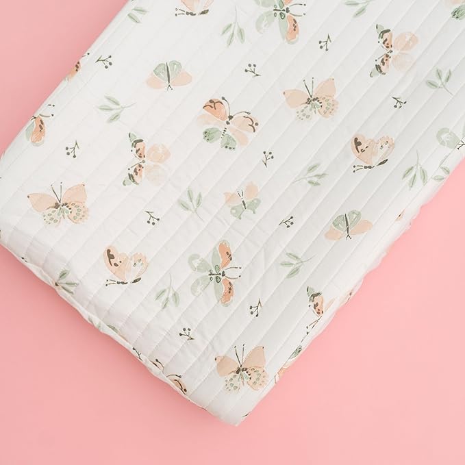 Crane Baby Changing Pad Cover, 100% Cotton Sateen Exterior, Pink Nursery Decor, Pink Butterfly Baby Changing Table Pad Cover, Fits Standard 16" x 32", Butterfly Nursery Decor, Change Table Sheets