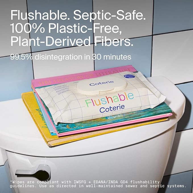 Coterie Flushable Wipes for Toddlers, Designed for Potty Training, Safe for Sensitive Skin, Hypoallergenic, 99% Water, Plant-Based, Fragrance Free, Sewer & Septic Safe, 4 Pack (224 Wipes)