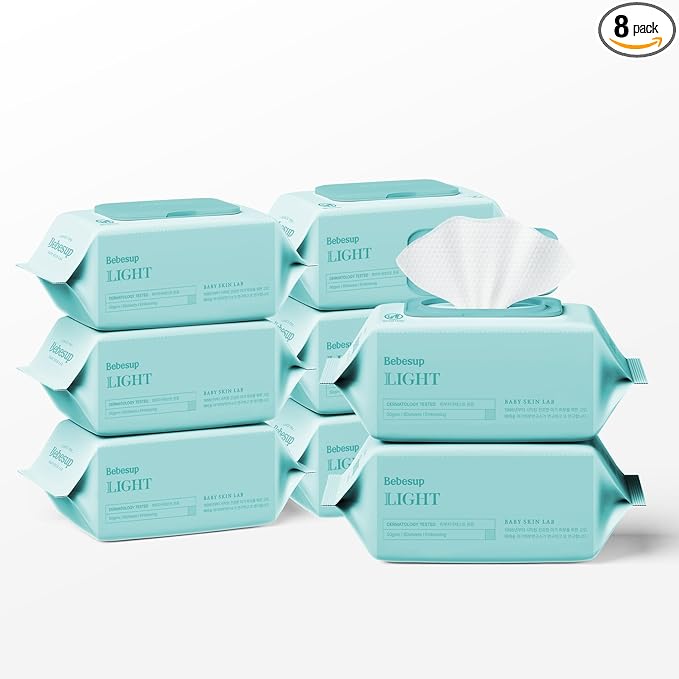 BEBESUP- Korea's #1 Light Baby Wipes - Safe even for Atopic Skin Hypoallergenic Water-Based Unscented Alcohol & Paraben-Free Organic Flip-Top Plant Based Organic Baby Wipes (640 Count 8 Packs)
