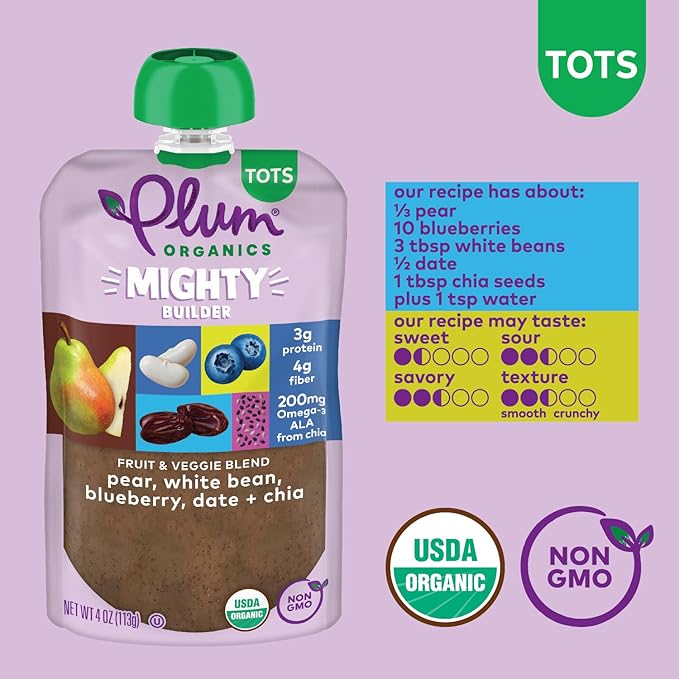 Plum Organics - +12 Months Organic Baby Food - Pear, White Bean, Blueberry, Date & Chia - Non-GMO - On-The-Go Pouches for Baby & Toddler Meals - Quality Tested Ingredients - 4 oz (Pack Of 12)