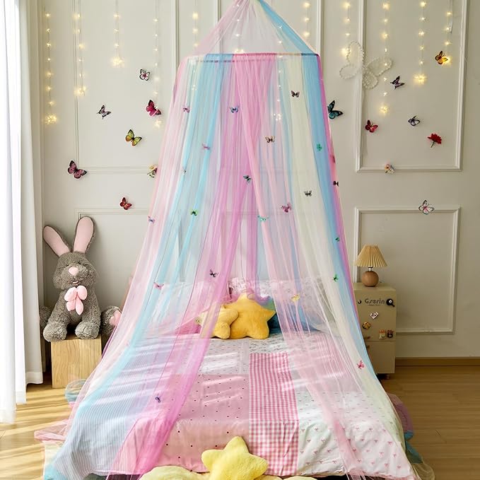 Rainbow Bed Canopy with Butterflies for Girls,Breathable Canopy Bed Curtain for Bed,Princess Play Tent for Kids Room Reading Nook