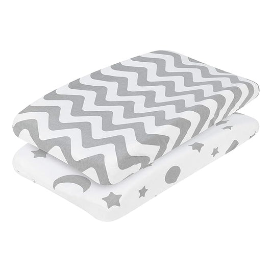 EVERYDAY KIDS 2 Pack Baby Changing Pad Covers for Boys and Girls – Fits Most Changing Table Pads; 100% Cotton Jersey Knit, Breathable, Ultra Soft Changing Table Topper - Gray Moon and Stars + Chevron