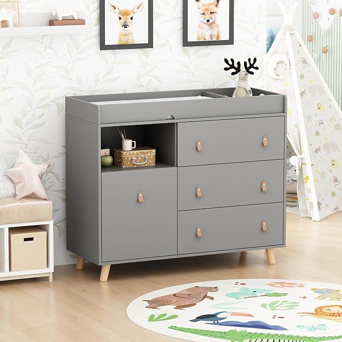 Timechee Baby Dresser Changing Table with Drawers,Shelf,Hidden Laundry Basket Storage,2 in 1 Nursery Dresser Chest for Infants, Baby Diaper Changing Station for Daycare,Bedroom,Grey
