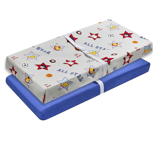 EVERYDAY KIDS 2 Pack Baby Changing Pad Covers for Boys in Solid Blue and Jungle Animal Print – Fits Most Changing Table Pads; 100% Cotton Percale Weave, Breathable, Ultra Soft Changing Table Topper