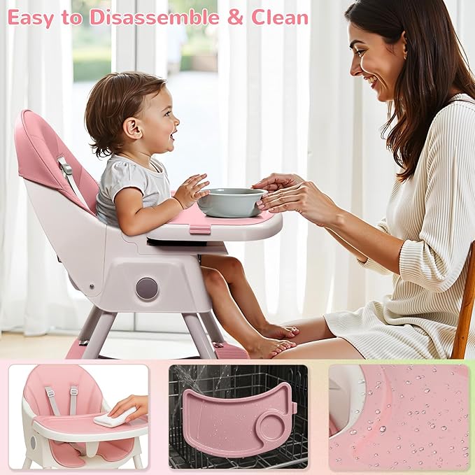 Ktaxon Baby High Chair, 6-in-1 Portable Feeding Rocking Seat with Adjustable Backrest, Removable Tray and 5-Point Safety Harness, Travel Folding Highchair for Toddlers & Babies, Pink