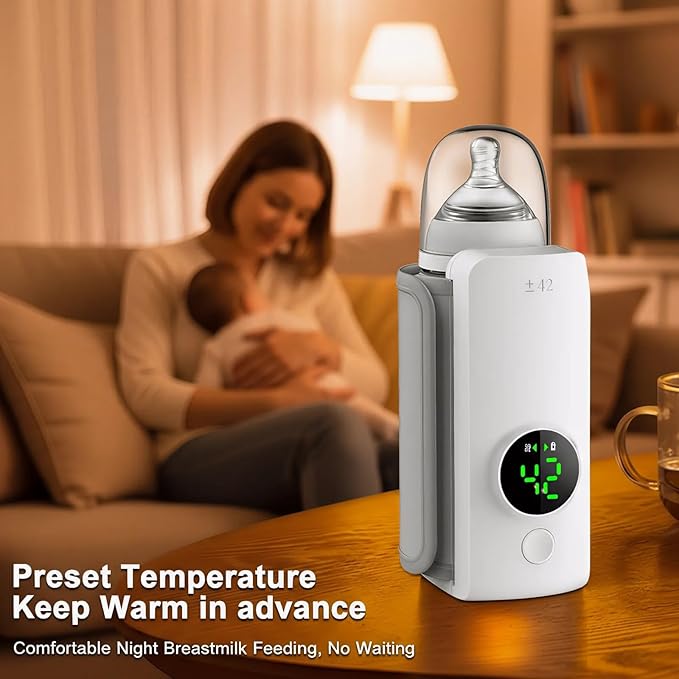 Portable Baby Bottle Warmer for Travel, Fast Heating & Precise Temp Control, Cordless Rechargeable Milk Warmer with LED Display, Waterless & Even Warming for Breastmilk On The Go