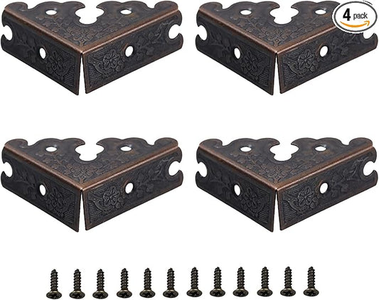 4Pcs 1.37"x1.37" Furniture Corner Protectors, Vintage Corner Guard Metal Edge Guards Decorative for Jewelry Box Cabinet Wooden Case with Screws, Red Bronze