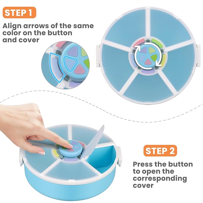 Pawtong Snack Rotator Container Reusable Snack Box with 5 Compartment Dispenser and Lid, Color Matching Opening Lid, BPA and PVC Free, for Home, School, Travel (2 Pack- Blue)