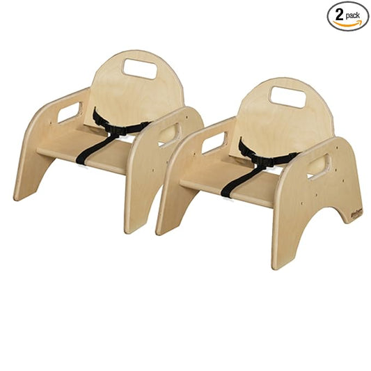 Montessori 5" H Toddler Wooden Low Feeding Chair with 3 Point Safety Harness, Stackable Chair for Babies Suitable for Restaurants, Daycare, Nursery [Set of 2]