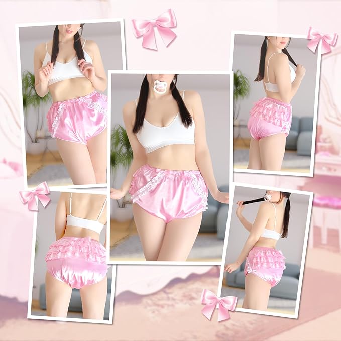 Littleforbig Washable Reusable Waterproof Ruffled Lace Bow Pretty in Pink Satin Over Adult Diaper Cover L