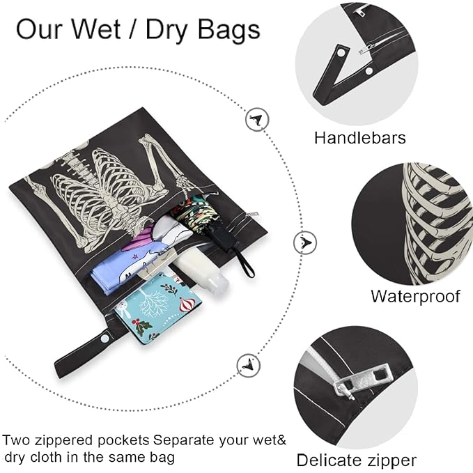 visesunny Funny Human Skeleton 2Pcs Wet Bag with Zippered Pockets Washable Reusable Roomy for Travel,Beach,Pool,Daycare,Stroller,Diapers,Dirty Gym Clothes, Wet Swimsuits, Toiletries