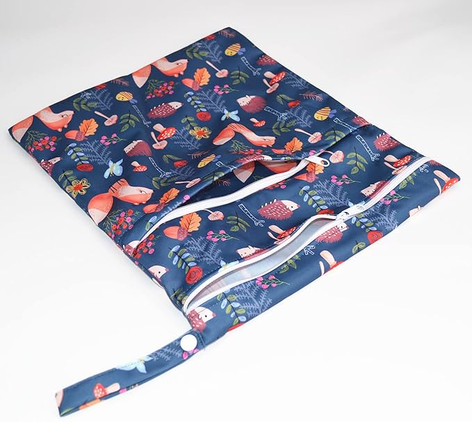 Wet Bag Baby Cloth Diaper Nappy Bag Reusable Washable With Two Zippered Pockets (Fox Hedgehog)