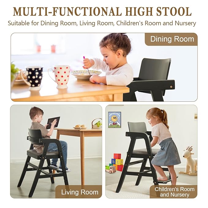 Solid Wood High Chair for Toddlers to Teens, Adjustable Height Toddler Dining Chair, Easy to Clean Toddler Highchair with Removable PU Cushion for Dining, Studying, Step Stool, Black