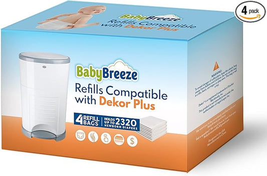 Diaper Pail Refills Compatible with Dekor PLUS Diaper Pail 4 Refill Bags Holds 2320 Diapers – Strong, Durable Baby Powder Scented Refills Bags