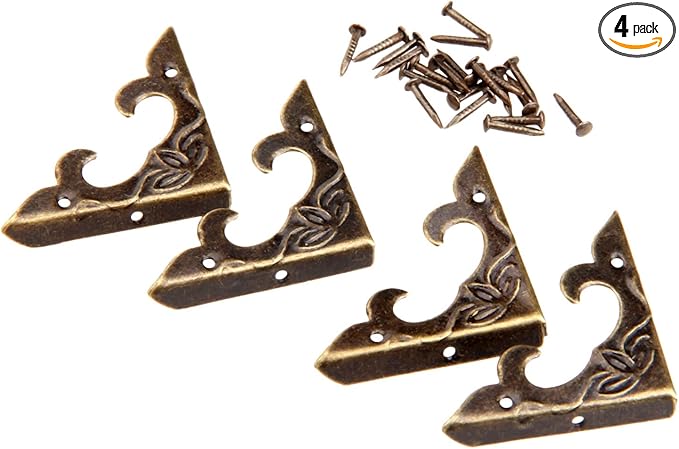 dophee 4Pcs Antique Brass Box Corner Protectors, Vintage Decorative Corner Brackets Guards for Jewelry Box Wooden Case Chest Table Desk Photo Frame, 1.18"x1.18"x0.18"