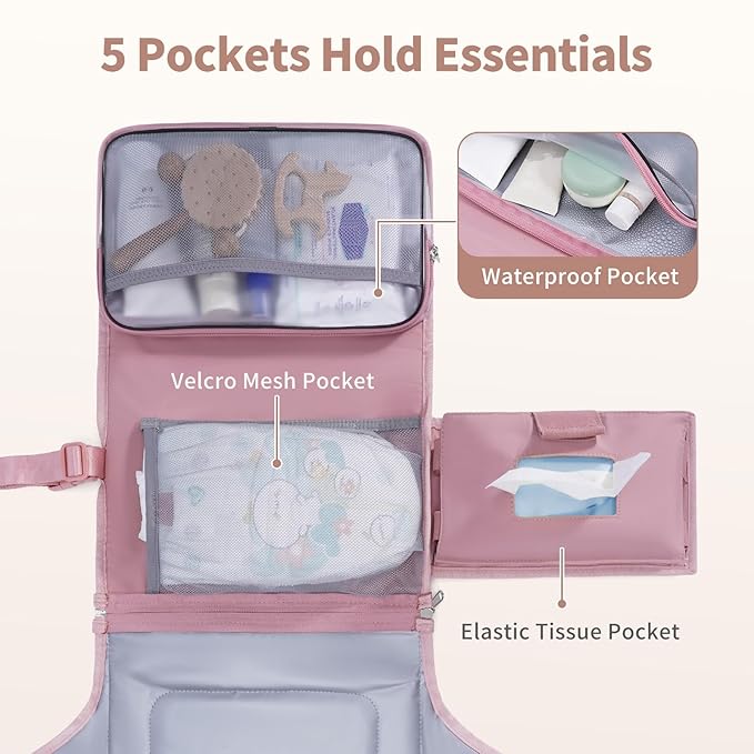 CEICEI Portable Diaper Changing Pad Waterproof Travel Baby Changing Mat with Large Wet/Dry Pocket & Elastic Wipes Pockets, Foldable Compact for On-The-Go Diaper Changer (Pink)