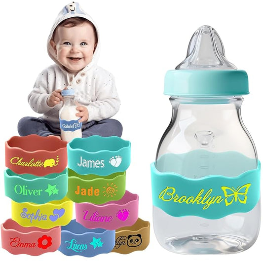 Personalized Water Bottle Name Bands Custom Coloring Silicone Labels Customized Silicone Baby Bottle Labels for Daycare Reusable Baby Bottle Straps for Kids Cups School Waterproof-LightBlue