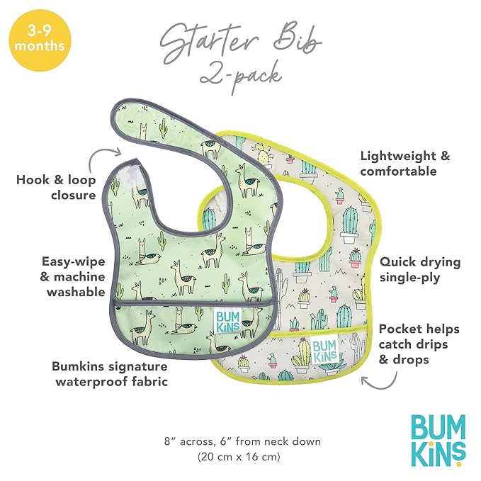 Bumkins Bibs, for Baby Girl or Boy, Infant 3-9 Months, Essential Must Have for Eating, Feeding, Baby Led Weaning, Mess Saving Waterproof Soft Fabric, Starter Bib 2-pk Cactus and Llama Green