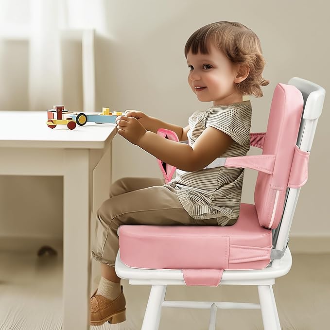 Eiury Toddler Booster Seat for Dining Table – Non-Slip PU Waterproof Cushion with Backrest & Adjustable Straps, Portable Baby Booster Seat (Pink)