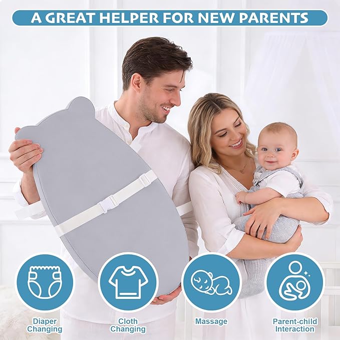 Baby Changing Pad, Waterproof & Wipeable Soft Diaper Changing Mat with PU Cover, Contoured Baby Changing Pad for Dresser & Table, with Non-Slip Safety Belt, Portable & Lightweight,Large Cushioned Foam