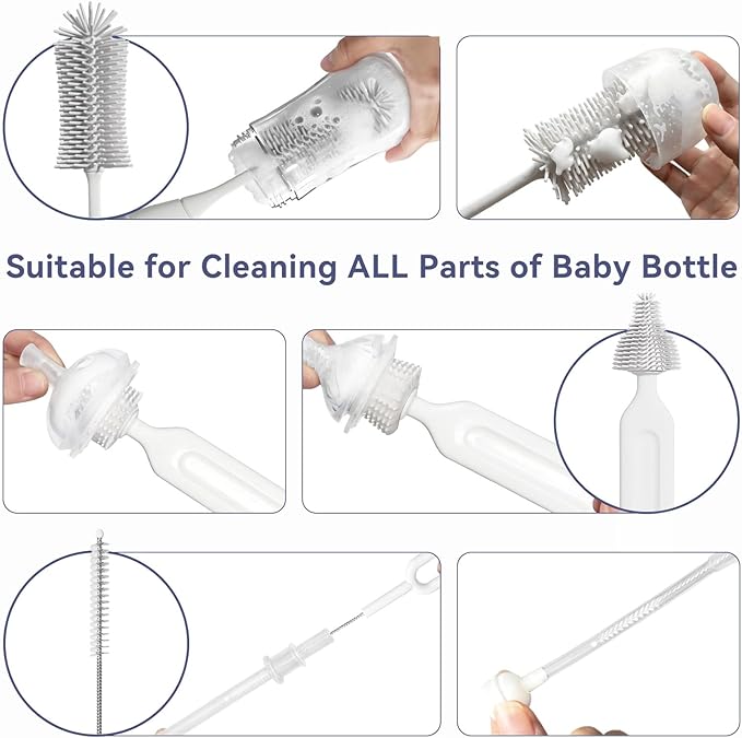 Baby Bottle Brush Set, Innovative Efficient Press-to-Spin Brush Cleaner - Includes Silicone Bottle Brush, Nipple Brush, Straw Cleaner - Spinning Generates Rich Foam for Deep Cleaning, Gray