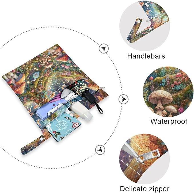 2 Pack Fairyland Forest Mushrooms Cloth Diaper Wet Dry Bags,Waterproof Reusable Wet Bag with Two Zipper Pockets& Handle,Washable for Swimming,Travel,Beach,Pool or Wet Clothes
