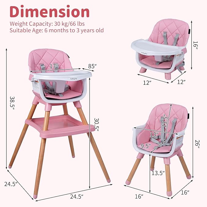 BABY JOY 8-in-1 High Chair, Convertible Wooden Highchairs for Babies and Toddlers | Dining Booster Seat | Toddler Stool, Double Removable Tray, 5-Point Safety Harness & Waterproof PU Cushion (Pink)