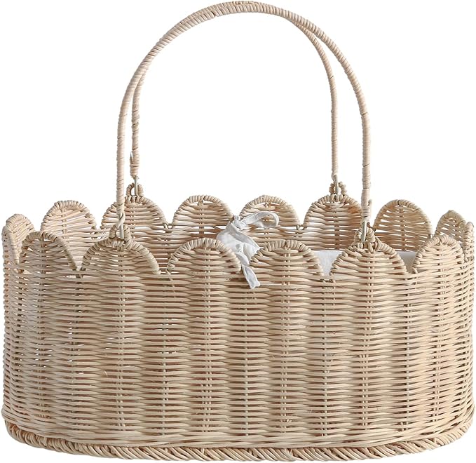 Premium Wicker Baby Diaper Caddy Organizer,Woven Scalloped Rattan Basket with Handle,Wicker Baby Carriage for Nursery (Scalloped Rattan Baby Diaper Caddy Organizer)