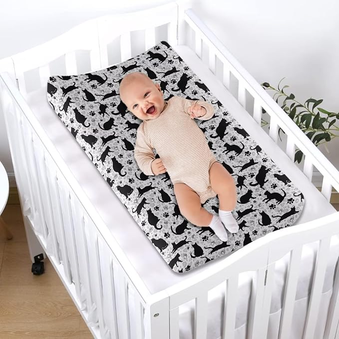 Black Cat Diaper Change Table Covers Cute Changing Pad Cover for Baby Replacement Soft Baby Nursery Diaper Changing Pad Sheets Gift for Holiday
