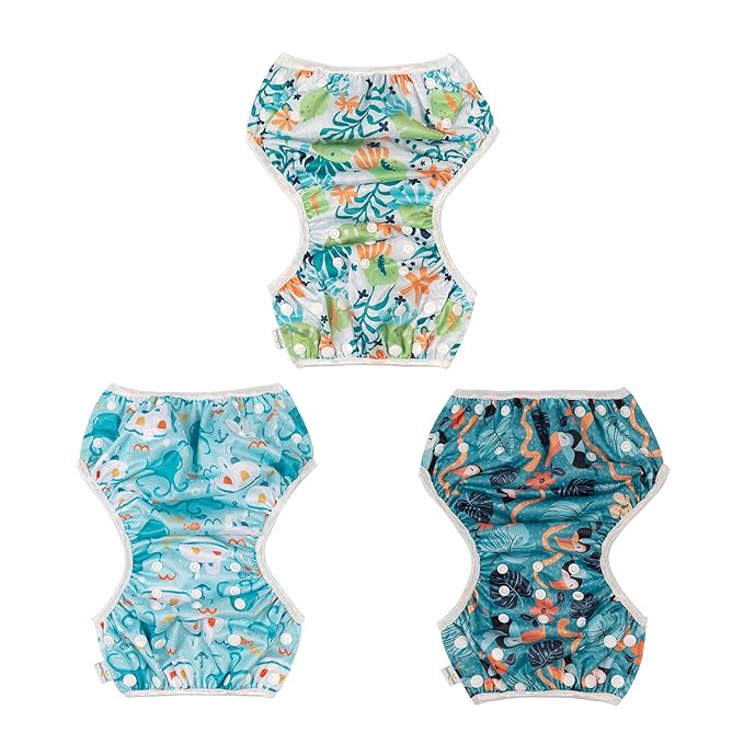 Babygoal Baby Swim Diapers 3 Pack for 0-8 Months Infant Girls and Boys, Reusable Adjustable Washable for Swimming Lessons-Flower,Octopus