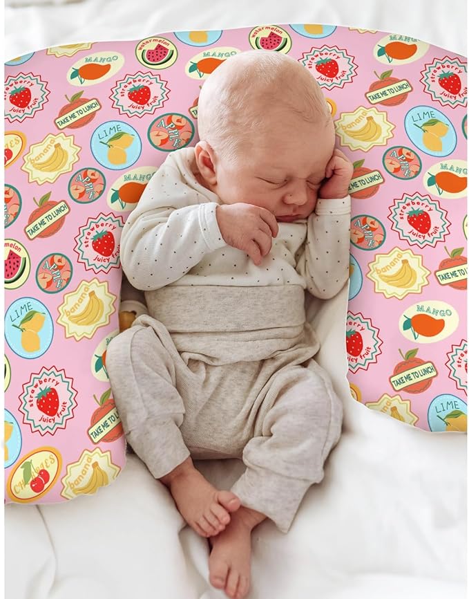 Pink Fruits Summer Preppy Baby Nursing Pillow Covers for Girl Cute Tropical Fruits Stamp Nursery Pillowcase for Breastfeeding Pillows Retro Summer Beach Soft Stretchy Slipcovers for Newborn Infant