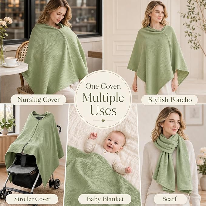 TADO MUSLIN 2-Pack Muslin Nursing Cover for Baby Breastfeeding, 100% Organic Cotton Breastfeeding Cover for Mom, Soft Breathable Privacy Nursing Apron, Multi-use Stroller Cover & Car Seat Canopy Green