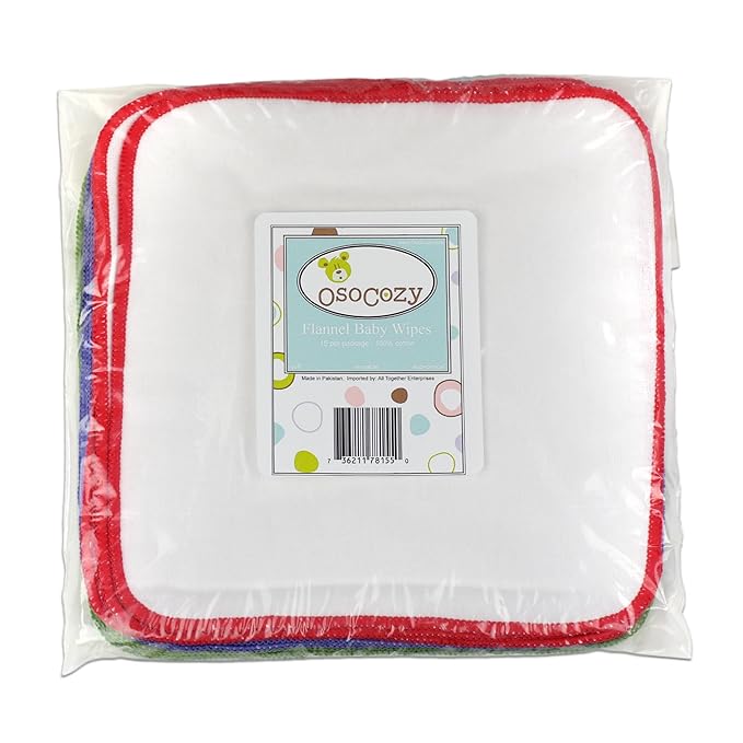 OsoCozy Bleached Flannel Cloth Baby Wipes - Reusable & Washable Saves Money - 100% Cotton - Soft and Durable - Colorful Stitching - 8 x 8 inches - Three 15 Packs