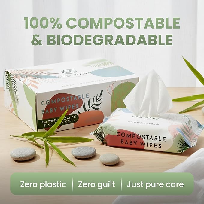 Eco Wave Baby Wipes, 100% Compostable Eco-Friendly Bamboo Wipes, Unscented, Hypoallergenic, Vegan, Alcohol-Free, Suitable For Sensitive Skin (Pack of 4)