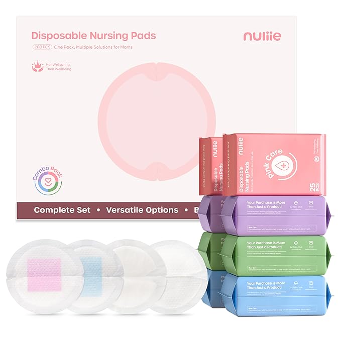 Nuliie 200 PCS Disposable Nursing Pads, Ideal for First-Time Buyers to Find Perfect Match, 4 Materials Trial (Viscose from Bamboo, Classic, Blue Core, Pink Care), Breastfeeding Essentials for New Moms