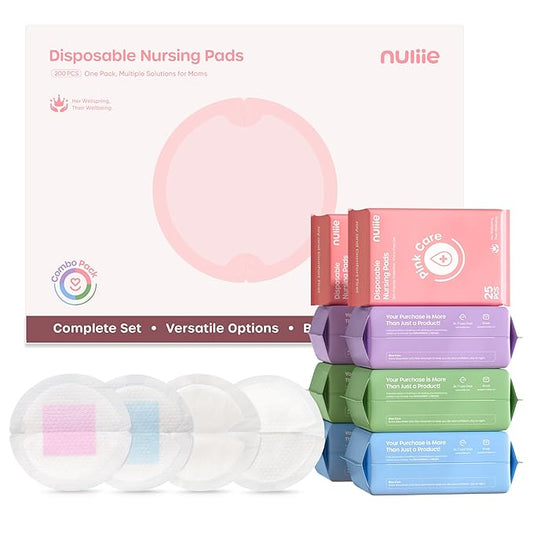 Nuliie 200 PCS Disposable Nursing Pads, Ideal for First-Time Buyers to Find Perfect Match, 4 Materials Trial (Viscose from Bamboo, Classic, Blue Core, Pink Care), Breastfeeding Essentials for New Moms
