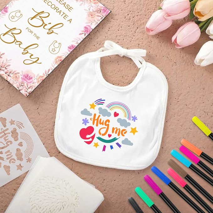 SytuHe 95 Pcs DIY Baby Bibs Decorating Kit50 White Bibs 24 Stencils 20 Fabric Markers 1 Baby Shower Game Sign