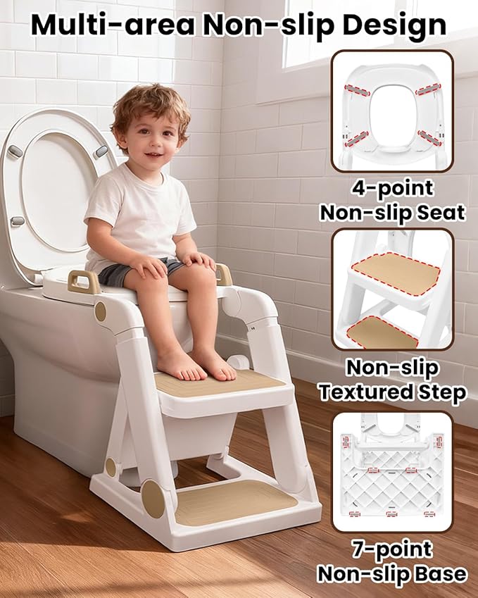 Potty Training Seat, Primlect Upgrade Toddler Toilet Seat for Kids Boys Girls, 2 in 1 Potty Training Toilet with Step Stool, Adjustable Seat and Ladder, Non-Slip Pad, Splash Guard (M-Brown)