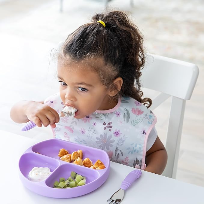 Bumkins Toddler Utensils, Kids Size Fork and Spoon Set, Silicone and Stainless-Steel Training Silverware, Angled Forks / Sporks for Self-Feeding, Children Hold Learning to Eat, 18 Months Up, Lavender
