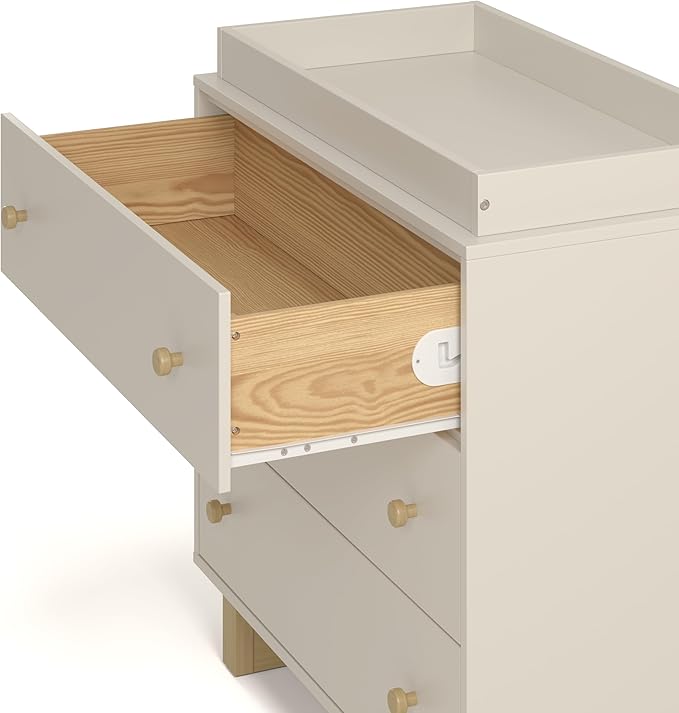 Storkcraft Texas 3 Drawer Chest with Removable Changing Table Topper (Frosted Oat/Driftwood) – GREENGUARD Gold Certified Baby Dresser, Interlocking Drawer System for Nursery & Kids’ Bedroom Dresser