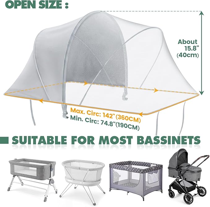 Orzbow Bassinet Cover for Cats - Breathable Mosquito Net Cover for Cradles/Travel Cribs/Mini Cribs, Baby Mosquito Net to Keep Pets Out, Baby Bassinet Accessories, Two-Way Self-Locking Zippers, White