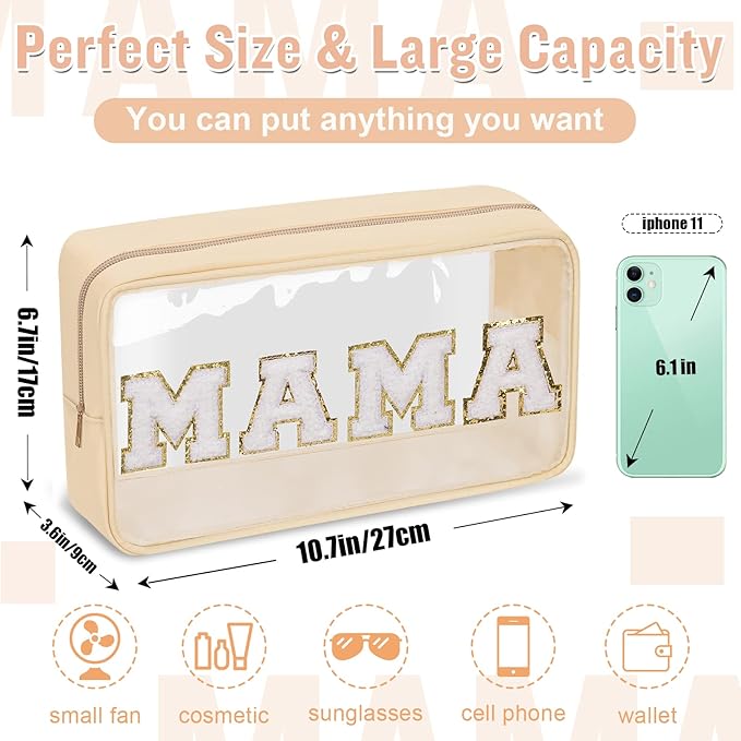 Chenille Letter Clear Makeup Bags Mama Pouch, Preppy Patch Makeup Bag with Zipper, Transparent PVC & Nylon Waterproof Portable Glitter Cosmetic Bag Travel Toiletry Storage for Women Girls(MAMA-Beige)