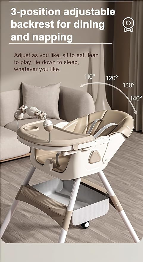 PU Leather Baby High Chair with Rocking Mode for Babies and Toddlers, Foldable Baby Eating Chair with Adjustable Backrests and Heights, Convertible Highchairs with Wheels (Khaki)
