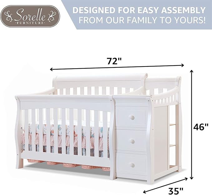 Sorelle Furniture Princeton Elite Crib and Changer Classic -in- Convertible Diaper Changing Table Made of Pine Wood Non-Toxic Finish Wooden Baby Bed Toddler Childs Daybed Full-Size Nursery - White