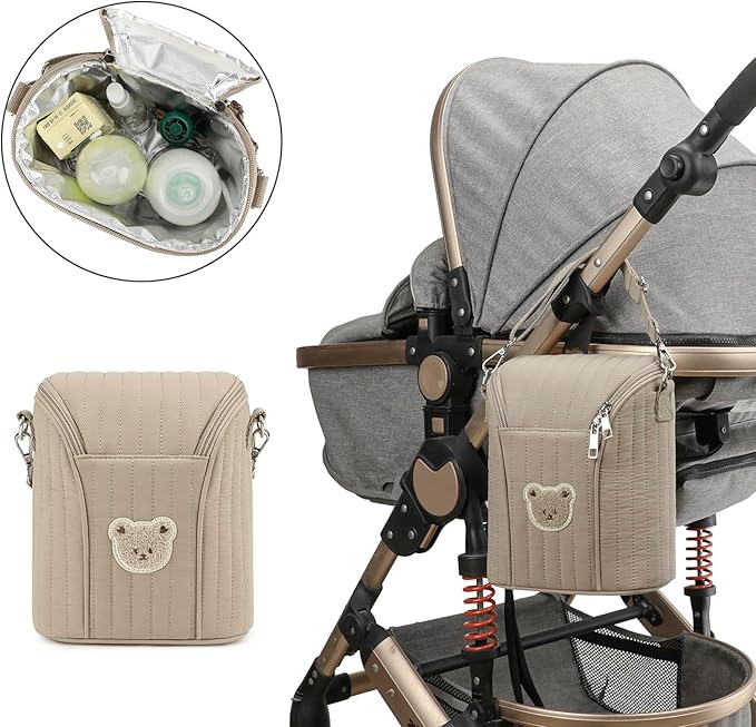 Lmbabter Embroidered Bear Stroller Organizer Tote Bag, Bottle Insulation Pouch, Portable Cooler Storage Essential for Milk/Breast Pump,Baby Travel Supplies (Brown)